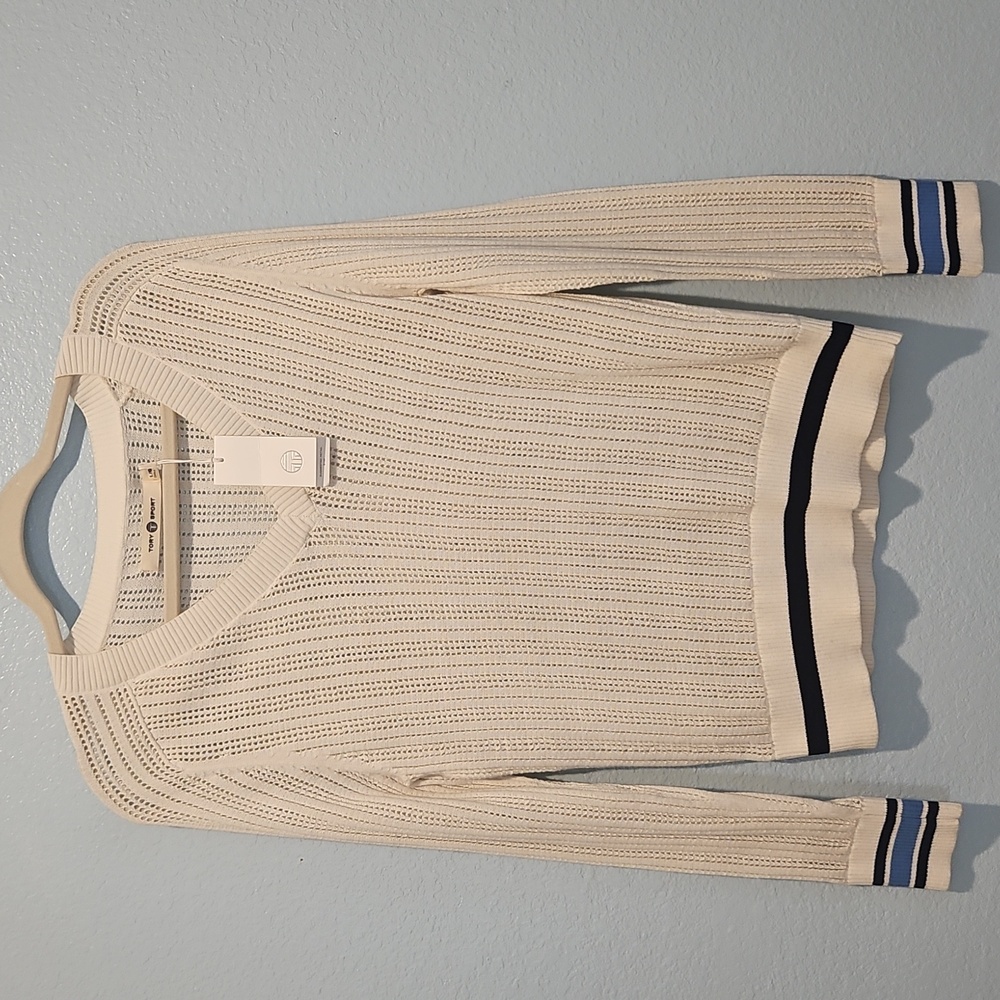 Tory Burch Tory Sport Cream V-Neck Sweater sz L  with Blue Accents - Picture 3 of 9